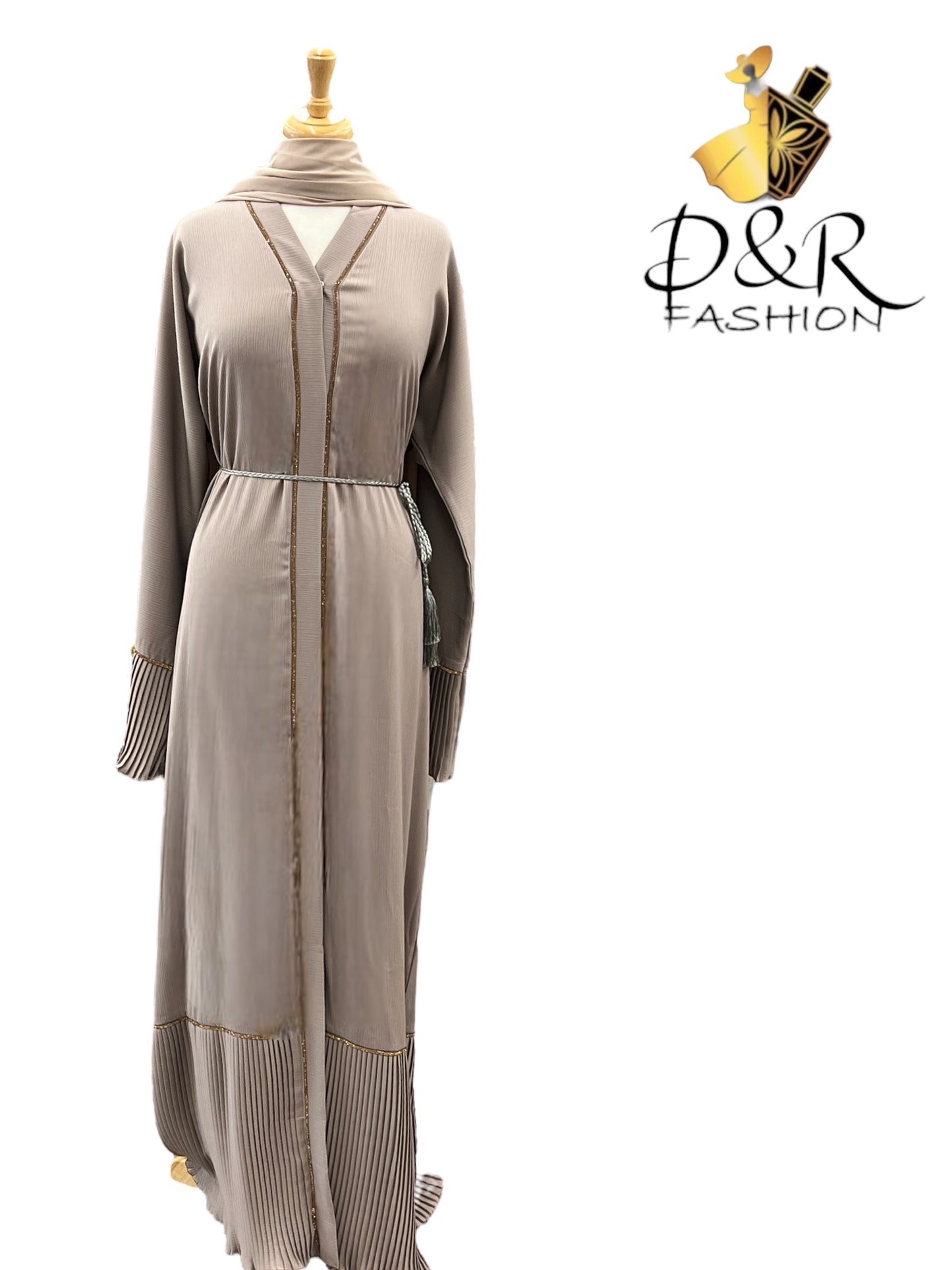 Elegant Open Dubai Abaya Set with Gold Stripe Accents