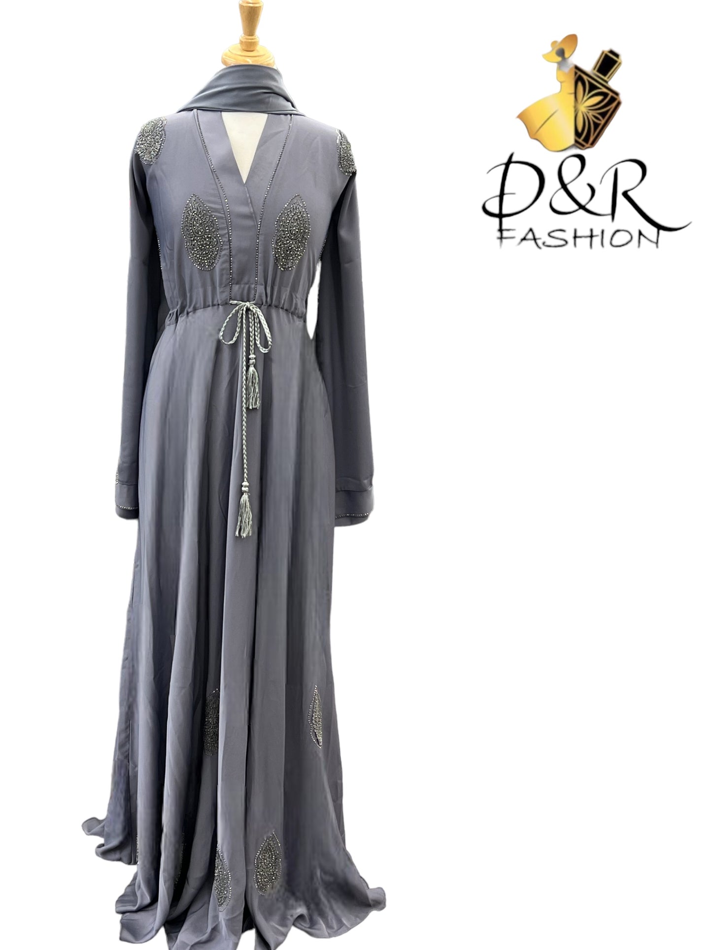 Elegant grey closed abaya from Dubai made of high quality soft fabric