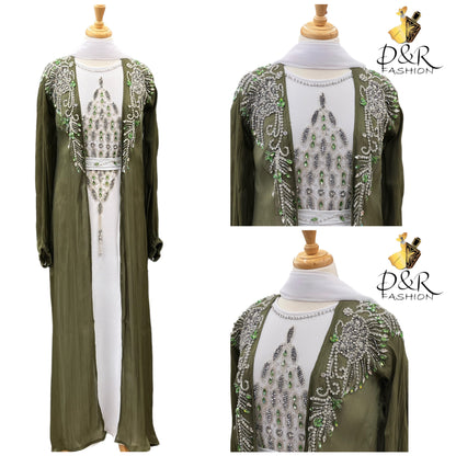 Abaya-Mint Green & White Dubai Abaya 2 Piece Set