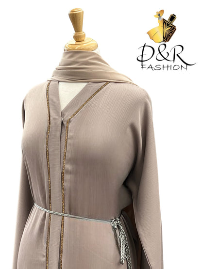 Elegant Open Dubai Abaya Set with Gold Stripe Accents