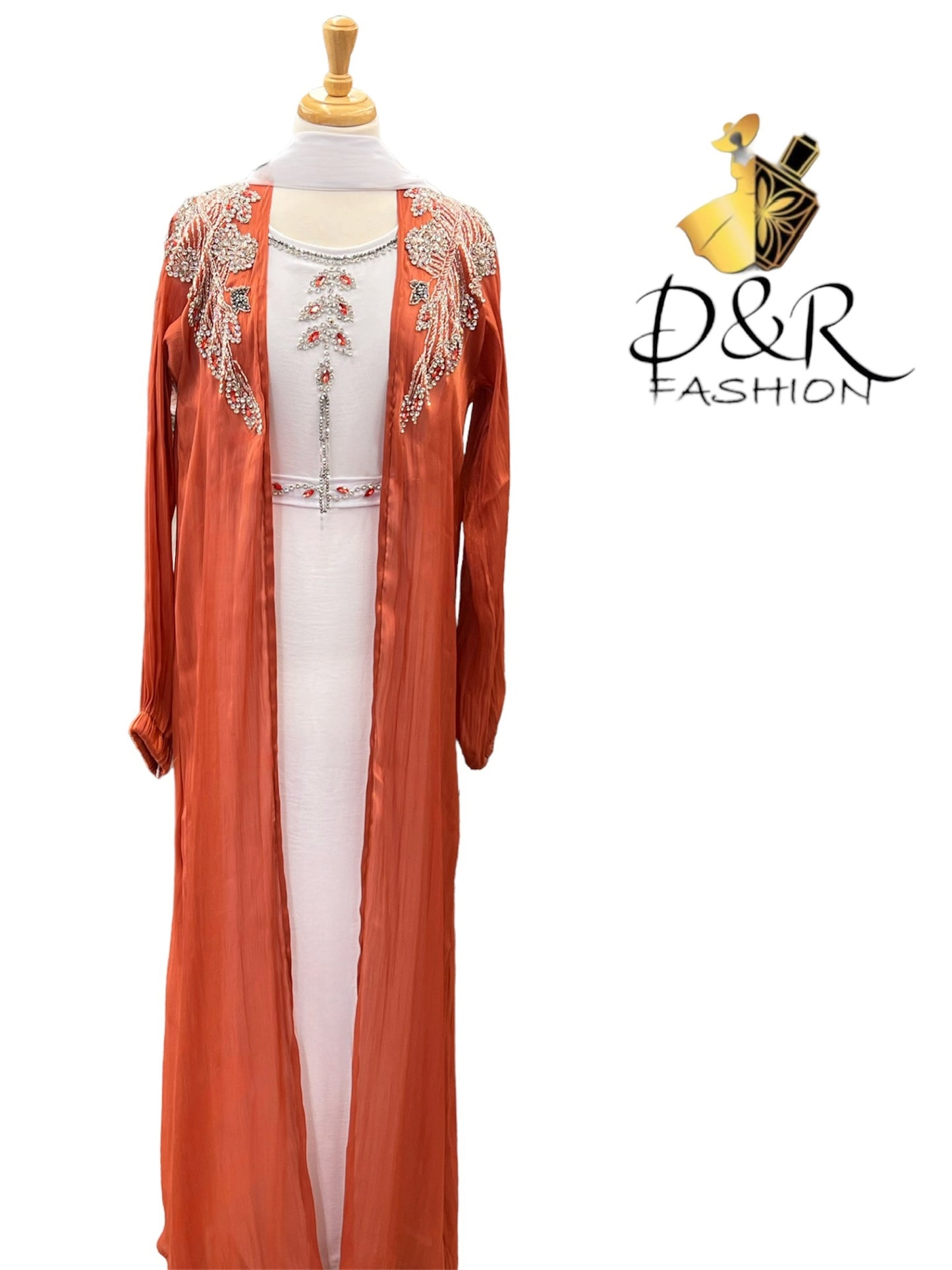 Abaya-Orange and White Dubai Abaya 2 Piece Set