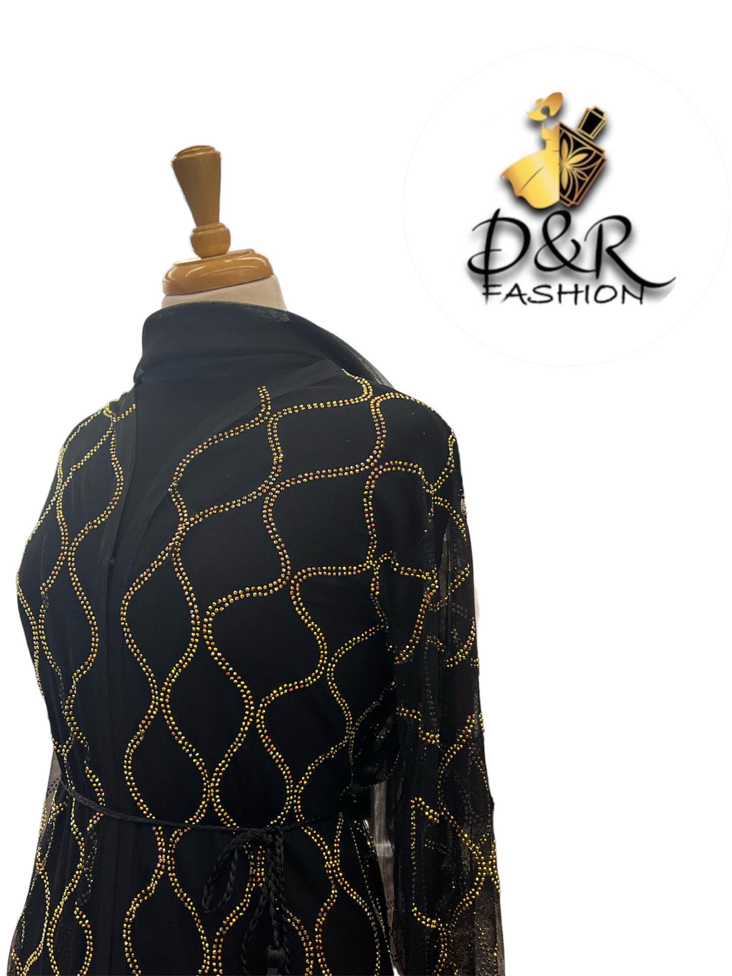 Stylish Transparent Black Abaya with Yellow Crystal Accents