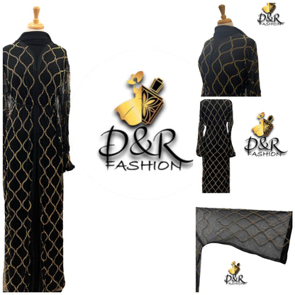 Stylish Transparent Black Abaya with Yellow Crystal Accents