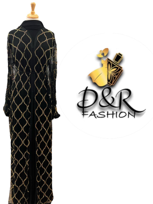 Stylish Transparent Black Abaya with Yellow Crystal Accents