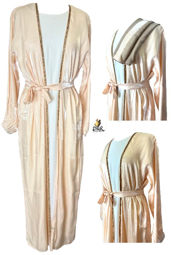 Abaya-Dubai Abaya 2 Pieces in 2 Colors made of high quality soft fabric with golden lines on the front, comes with scarf and belt.