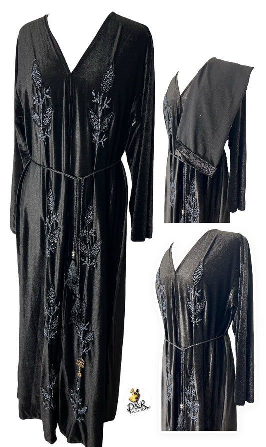 Beautiful Dubai Velvet Abaya with Elegant Embroidery & Matching Scarf