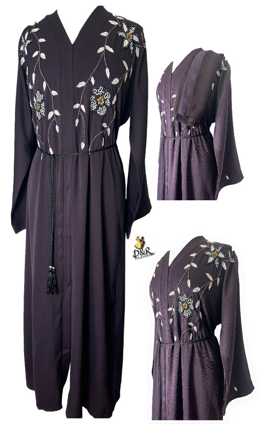 Unique Dubai Abaya: Embroidered Elegance with Scarf & Belt