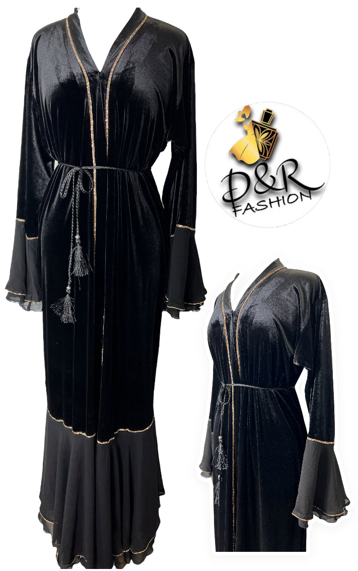 Elegant Velvet Dubai Abaya with Golden Lines & Ruffles | Dubai Design