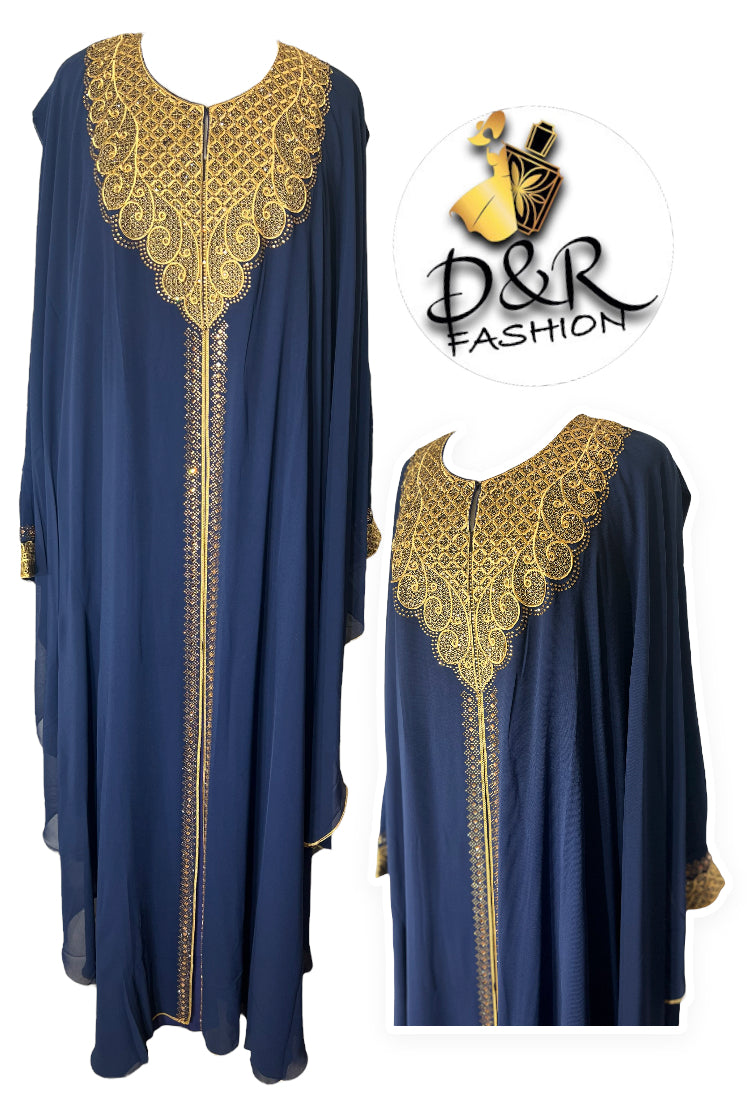 stunning Dubai Abaya 2-Piece Set, featuring a sheer fabric with intricate gold designs