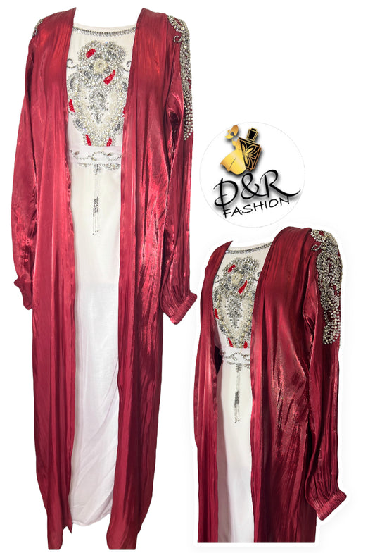 Elegant Luxe Embroidery Dubai Abaya 2 piece Set With Sheer Fabric