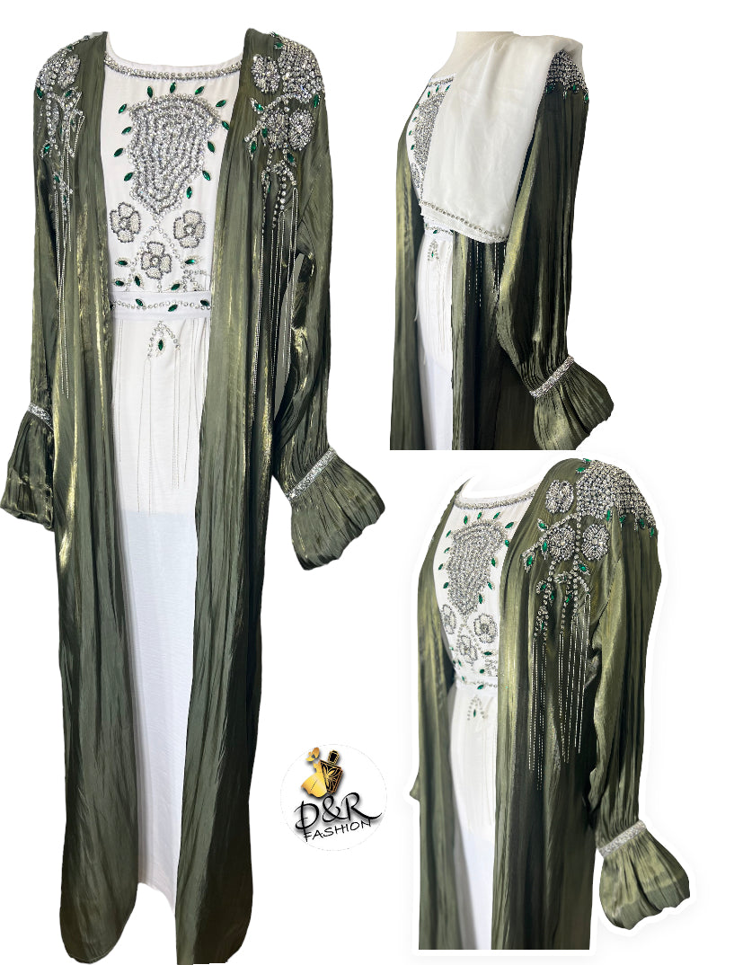 Embroidered Glam Dubai Abaya 2-Piece Set with Sheer Fabric