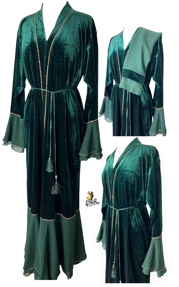 Elegant Velvet Dubai Abaya with Golden Lines & Ruffles | Dubai Design