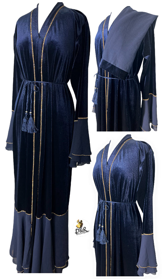 Elegant Velvet Dubai Abaya with Golden Lines & Ruffles | Dubai Design