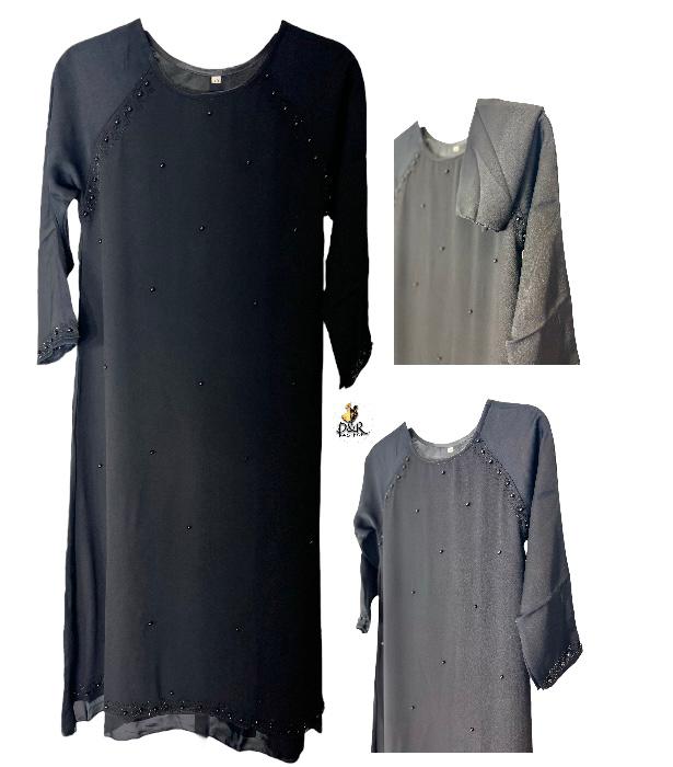 Abaya-Kids abaya made of high quality fabric with design on front, sleeves and hem, comes with black scarf.